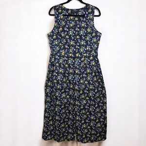 Chadwicks Dress Cottage Core Navy Blue Floral Sleeveless Midi Woman 14 Buttoned